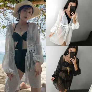 

2019 New Womens Summer Lace Tassel Crochet Bikini Cover Up Beach Top Kaftan Caidigan Beach Swimsuit Cover Up Beach Dress