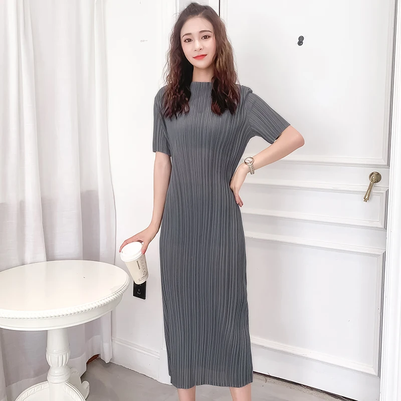 Серый Special Pleats Women Office Summer Dress Round Neck Sleeveless Solid Color Vestidos Simple Casual Long Dress for Elegant Lady - Цвет: Серый
