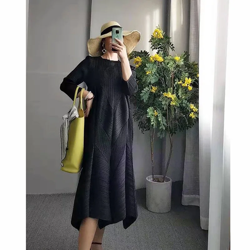 Miyake складывается женское Цветочное платье осень новое семиточечное с рукавом высокого класса плюс размер тонкое платье средней длины
