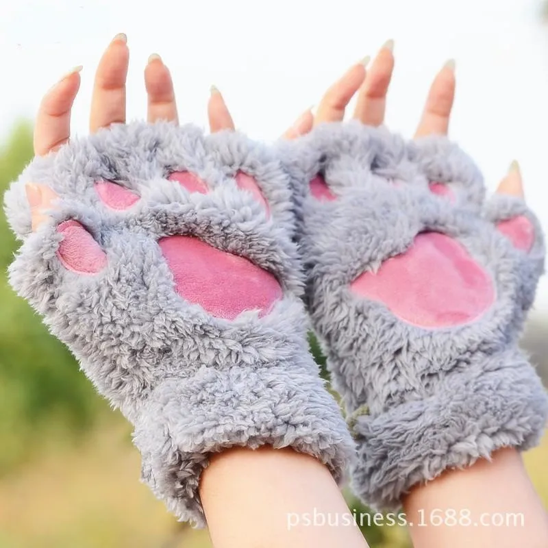 Женские зимние теплые милые Утепленные перчатки с мультяшными пушистыми медвежьими лапами, подарок для влюбленных, милые перчатки без пальцев, свободный размер, 7 цветов