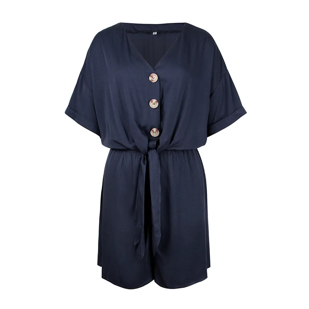 Jaycosin Fashion Summer Women Casual Solid V-Neck Button Wild Stylish Short Sleeve Comfortable Playsuit Casual Short Jumpsuit311