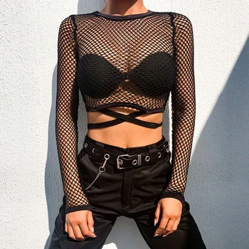 Mesh gothic long sleeve see-through fishnet tops t-shirt summer casual streetwear clothing