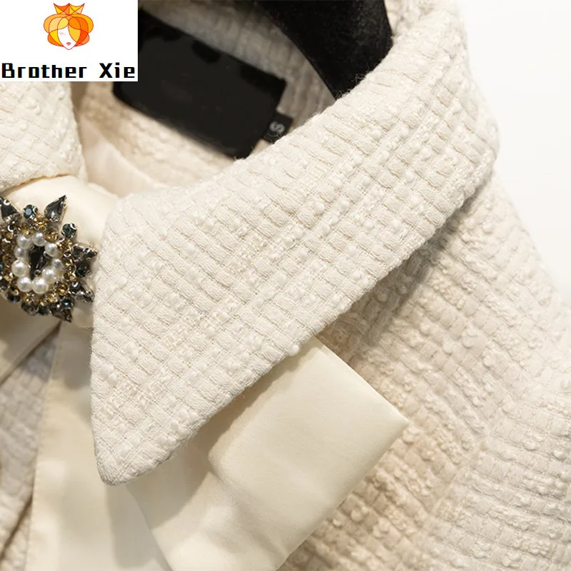 

2 Pieces Set Women Spring 2020 Long Sleeve Top Retro Suit Office Lady Zipper Fly Bow Short Wool Coat + Skirt White Coat Autumn