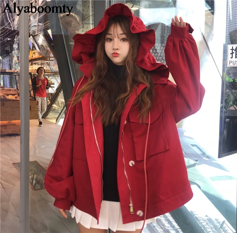Японский Harajuku для женщин уличная куртка с капюшоном красный негабаритных молнии Свободная верхняя одежда милый каваи Лолита девушка повседневное пальто
