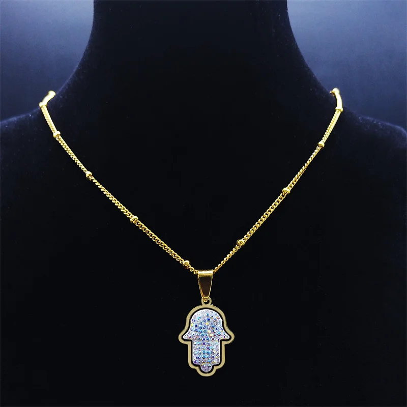 Edelstahl Weiße Kristall Fatima Hand Halsketten Damen Hamsa Anhänger Halsketten Schmuck Hand der Fatima Edelstahl N8046 – Detail 2