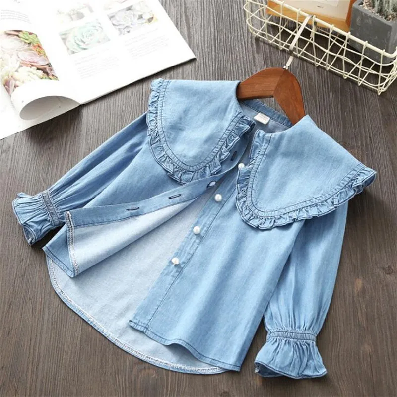 Weoneit Girls Blouse Spring Autumn Turn-down Collar Baby Girls Blue Tops Shirts Kids Clothes for Girls Denim Blouses