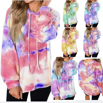 

2020 Autumn New Women's Hooded Long Sleeve Waffle Tie-Dye Sweatshirt Female Casual Loose Hoodies Ladies Clothes Streetwear