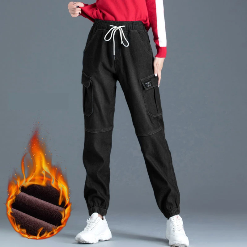 

Denim Joggers Women Cargo Pants Women Velvet Elastic Waist Woman Pants Slimming 2020 Harem Pants Sweatpants Women Denim Jeans