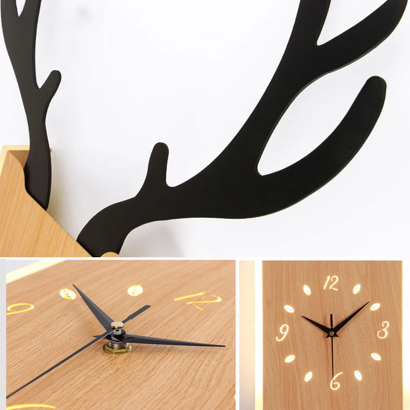 Nordic Led Wall Light Antlers Clock Sconce Lamp Modern Creative Deer Wood Lamps Living Room Bedroom Bedside Hanging Clock Decor