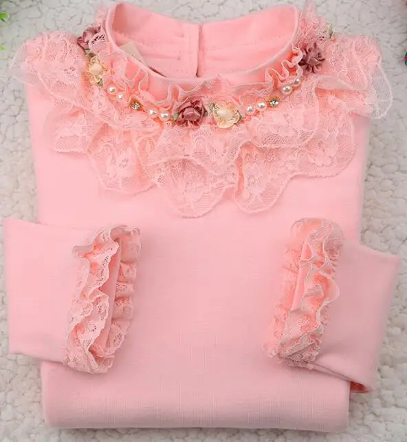 Pink Bead Лидер продаж, Детская футболка для девочек Осенняя детская одежда футболка с длинными рукавами для маленьких девочек милые кружевные рубашки с цветочным принтом Одежда для детей, блузка - Цвет: Pink Bead