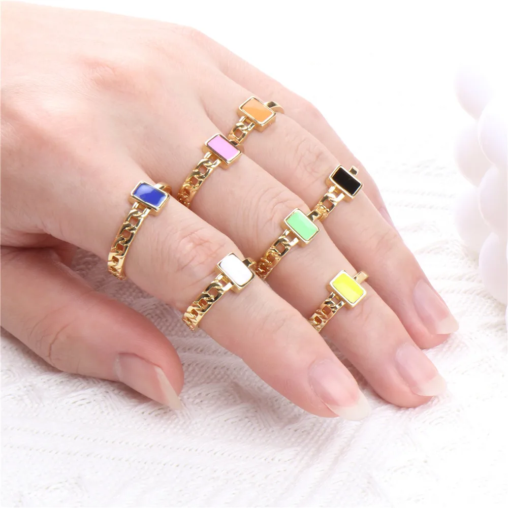 Fashion Delicate Square Colored Enamel Rings For Women Girls High-quality Gold-plated Copper Adjustable Chain Ring Jewelry Gifts | Украшения