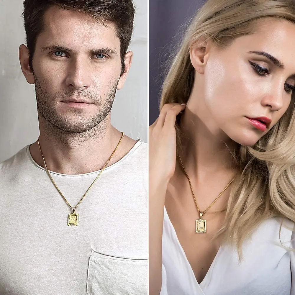 QWZNDZGR Initial Letter Pendant Necklace for Mens Womens, 18K Gold Plated  Square Capital Monogram Necklace Alhpabets from A-Z Figaro Chain Necklace 