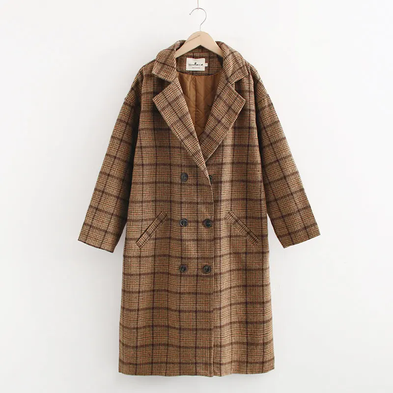 

casual plaid woman long woolen coat 2019 spring- autumn new fashion turn-down collar diagonal pocket coat loose full female coat