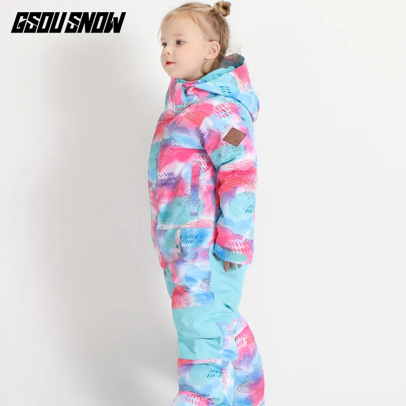 GSOU/лыжный костюм для девочек, цельный костюм для сноуборда, детская зимняя супер теплая куртка с капюшоном, ветрозащитная водонепроницаемая Спортивная одежда для улицы