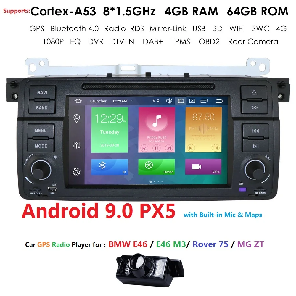 

7Inch 1DIN IPS Car DVD Radio Player For BMW E46 Android 9.0 Octa Core 1024*600 4GB+64GB WIFI 4G RDS DSP SWC BT DAB+ TPMS DVR CAM