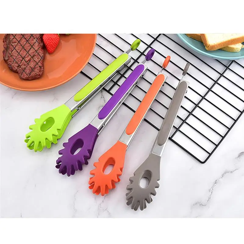 Food Kitchen Silicone Tongs Cooking Bbq Salad Stainless Clip Clamp Steel Utensil 