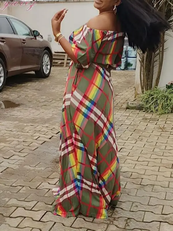Summer Elegant Code Sexy One Shoulder Will Pendulum Chalaza Printing Maxi Long Women Dress Plus Size Plaid Floor-Length