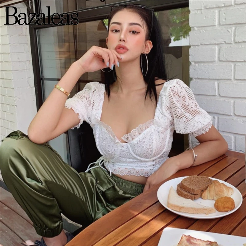 Bazaleas тонкий сексуальный полый укороченный топ Прямая винтажная повязка футболка Женская белый кружевной пэчворк женская укороченная футболка