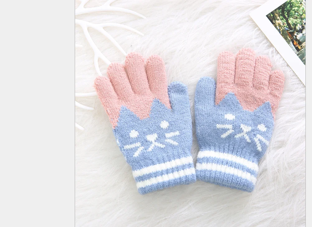 4-8Y New Child Kids Baby Girls Boys Winter Knitted Gloves Cartoon Warm Mittens Toddlers Outdoor Cartoon Cats Cute Gloves - Цвет: Серый