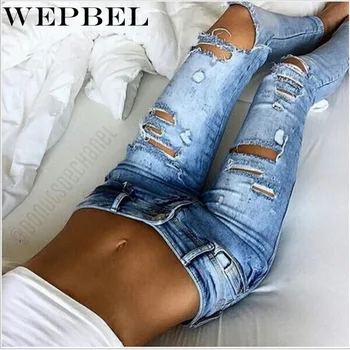 

Wepbel Hole Women Jeans Elasticity Hole Trousers Solid Color Plus Size Pencil Pants High Wasit Fashion Jeans Streetwear