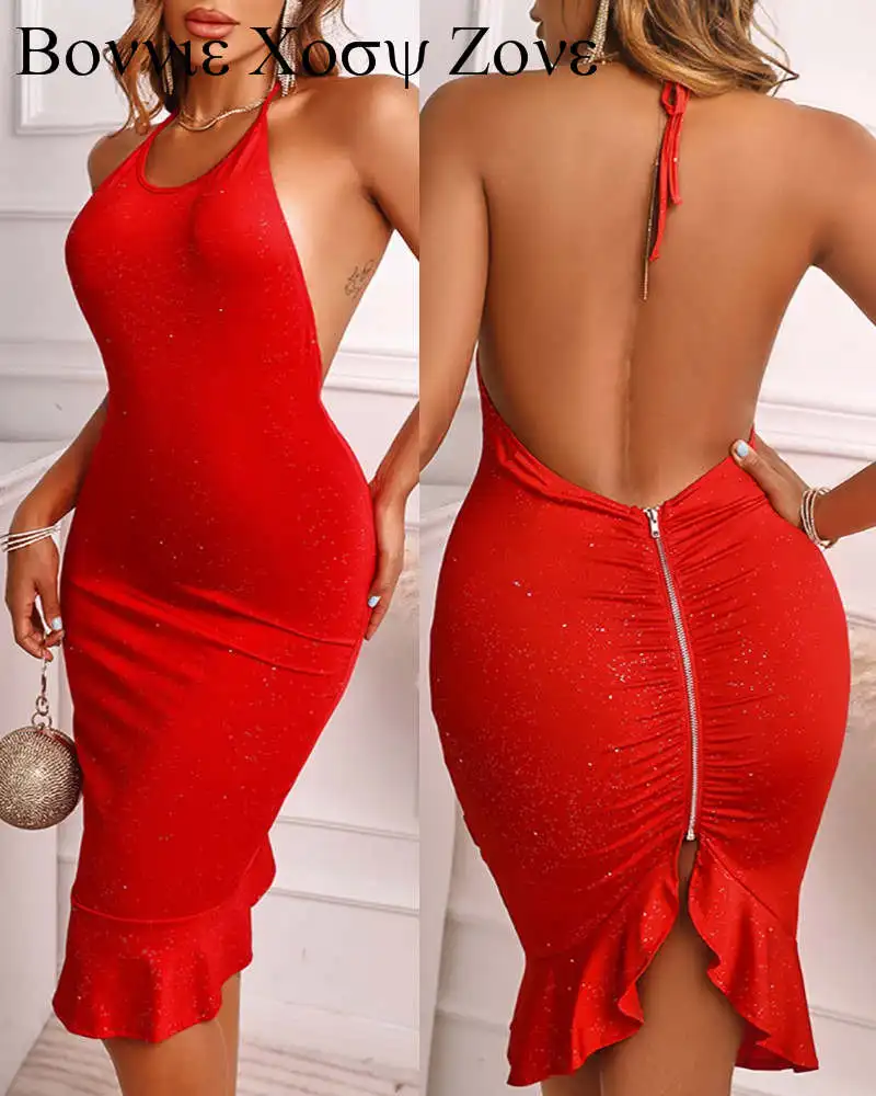 

Women Sleeveless Halter Ruffles Zipper Design Backless Glitter Party Dress