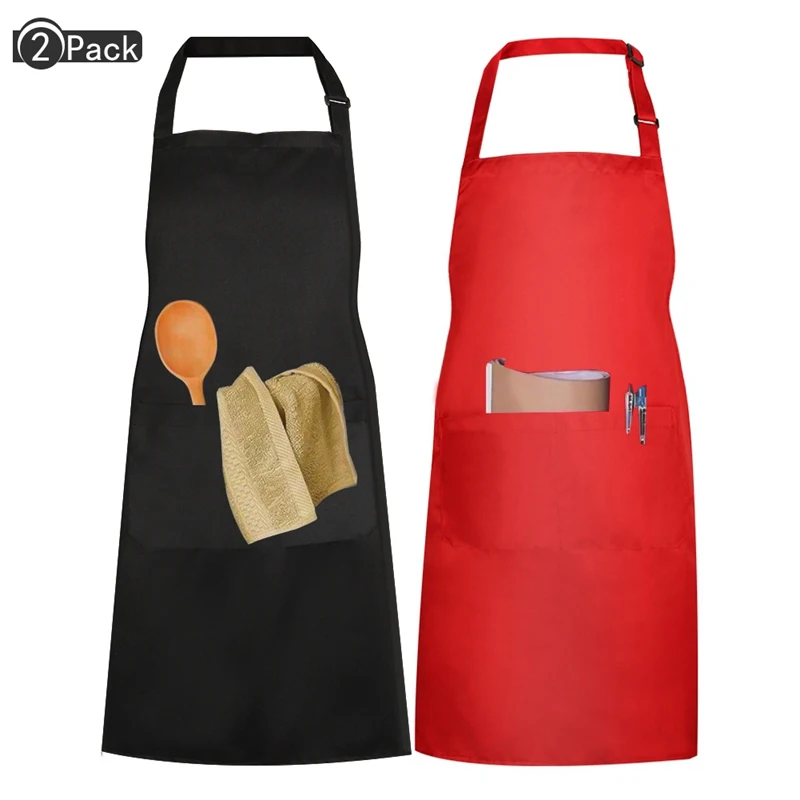 2pcs/set One Black And One Red Adjustable Bib Apron Dress Men Women Kitchen Restaurant Chef Classic Cooking