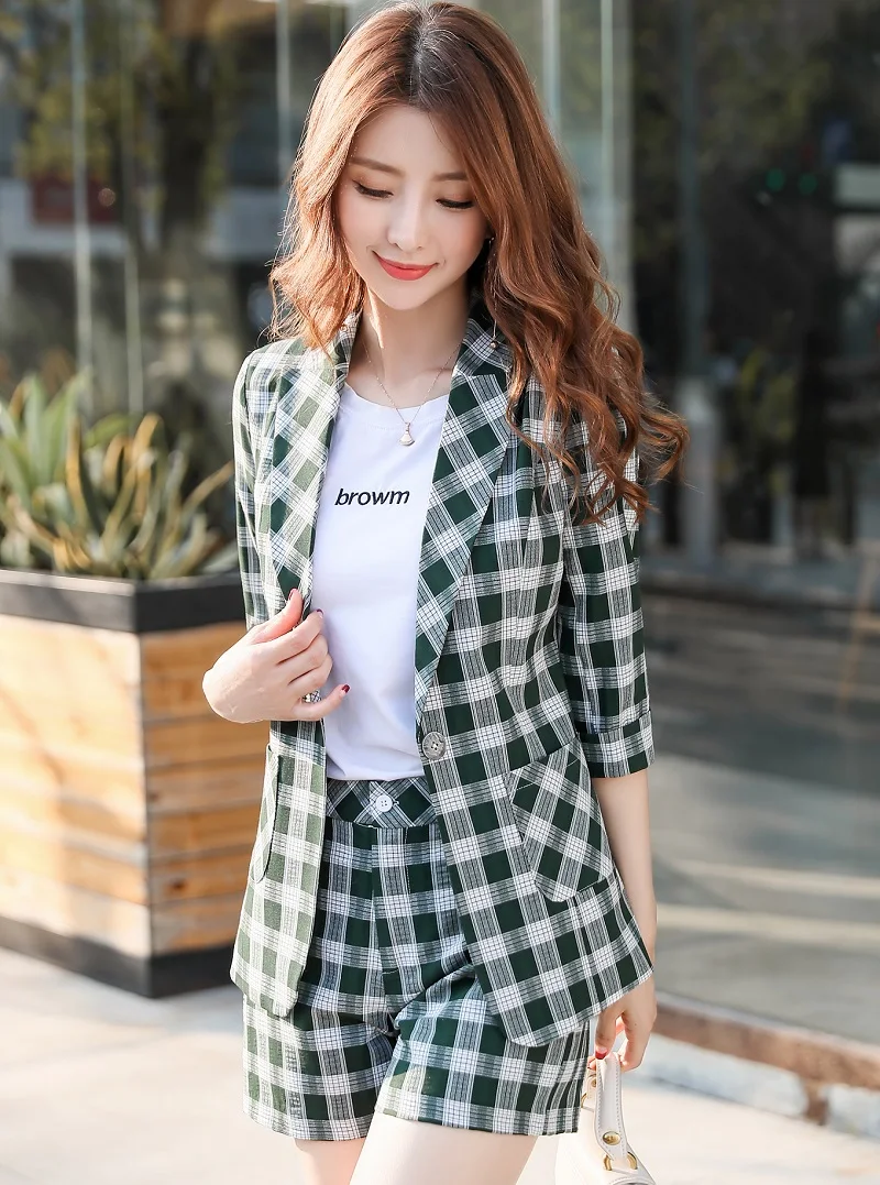green jacket shorts Летний Тонкий клетчатый тонкий короткий рукав Блейзер Жакет шорты комплект из 2 предметов OL формальные женские брюки костюмы женские комплекты костюмы 88228 - Цвет: green jacket shorts