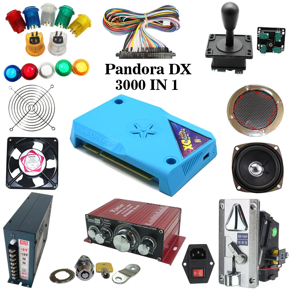 

Arcade Parts Bundles Kit with pandora box 3000 in 1 game PCB board, Zippyy joystick, push button switch,coin acceptor,power supp