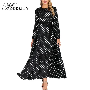 

MISSJOY Elegant Ladies Abaya Dots 2019 New Muslim Dresses Turkish Casual Malaysia O-Neck Long Female Robe Islamic Clothing Black