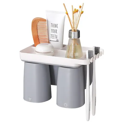 grey 2 cups Bathroom Toothbrush Rack Wall Mounted Magnetic Suction Cup Set Hanging Electric Toothpaste Holder Storage Organizer Shelf Tray - Цвет: grey 2 cups