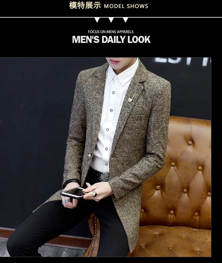 Весна стиль корейский стиль Slim Fit мужской повседневный костюм шерстяное мужское пальто средней длины поколение жира
