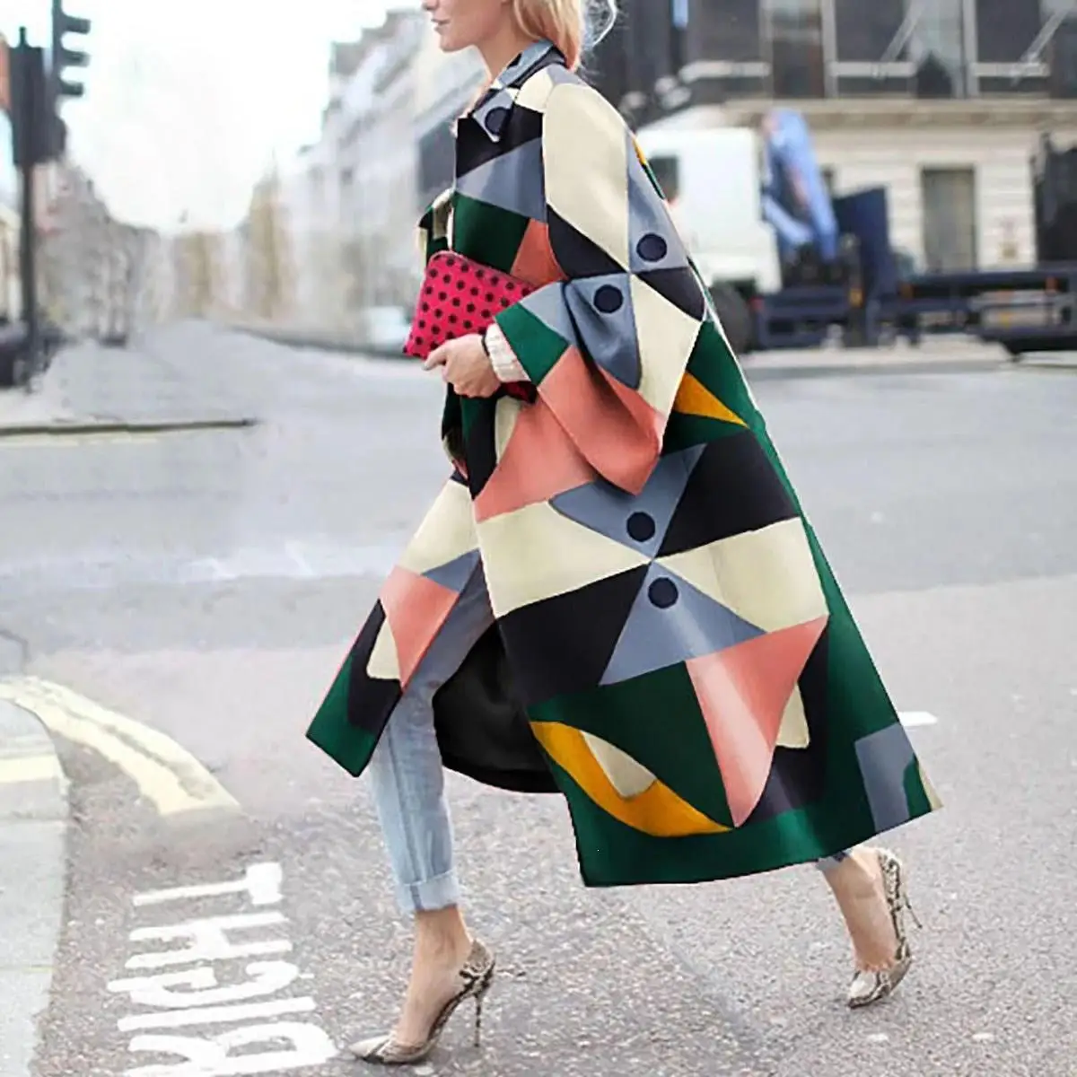 Color Block Print Long Trench Turn-Down Collar Women Casual Plus Size Trench Coat Fall Long Sleeve British Style Overcoat