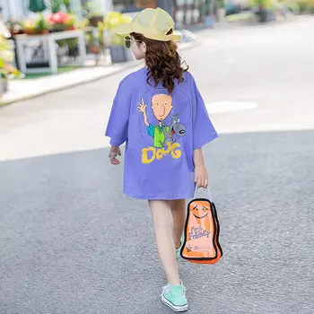 

Girls Purple Top Cute Girl T-shirt Cartoon Print Summer T-shirt Purple Children Funny Pattern Round Neck T-shirts for Teens Girl