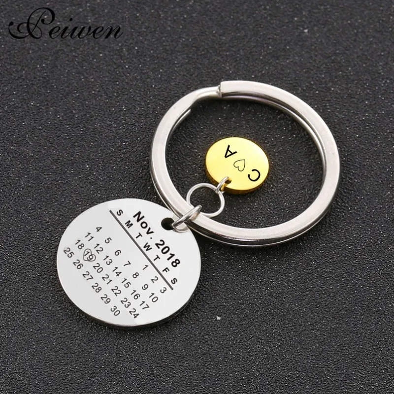 Personalized Custom Calendar KeyChain Engrave Heart Date Stainless Steel Key Chain for Couples Family Keyring Anniversary Gift