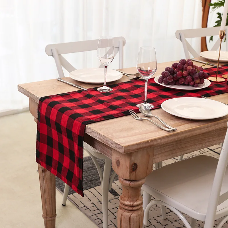 

180*35cm Black Red Plaid Christmas Table Runner Cloth Rectangle Christmas Table Cloth Cover for Home Dinner Christmas Decoration