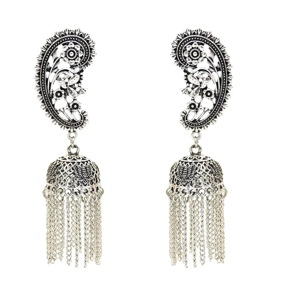 E-5433 Для женщин индийский окисленный Jhumka Jhumki индийские серьги золотого и серебряного цвета, на крючках с длинной бахромой серьги женские массивные уши афганских ювелирные изделия - Окраска металла: E-5433