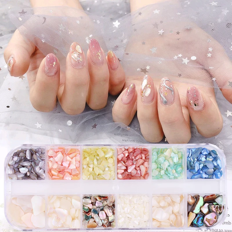 

12Grid/set Nail Art Shell Pearl Stud Rhinestone Irregular Mix-Abalone Shell/Crystal/Gold Stud/Foil Paper Nail Glitter Rhinestone