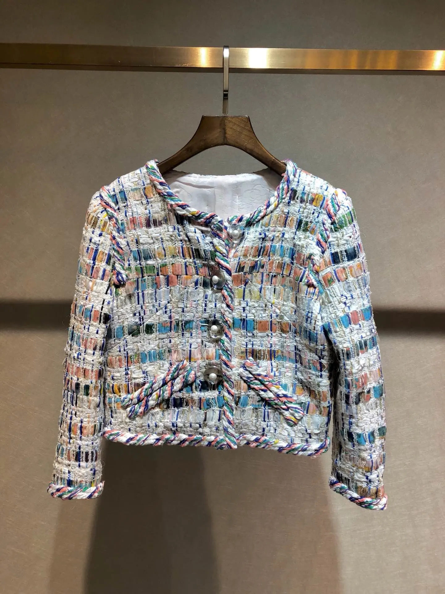 new ladies high quality fashion long sleeve round neck color woven short jacket 0926