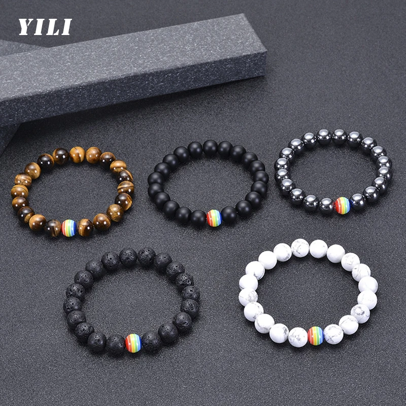 10Mm Braccialetto Di Perline Di Pietra Naturale Arcobaleno Lgbt Relazione Coppie Bracciali Occhio Di Tigre Lava Rock Yoga Perline Bracciali Regolabili