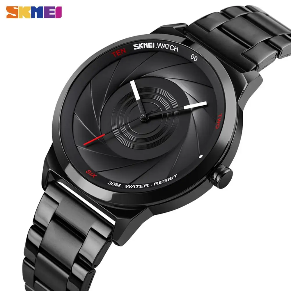 

SKMEI Camera Lens Analog Watch Men Creative Dial Luxury Black Stainless Steel Waterproof Wristwatch Business Male Quartz Clock