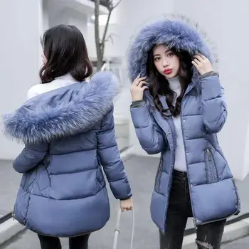 

2020 Winter New Korean Slim Coat Warm Large Fur Collar Medium Long Ladies Cotton Overcoat Thick Cotton Jacket Plus Size 3XL