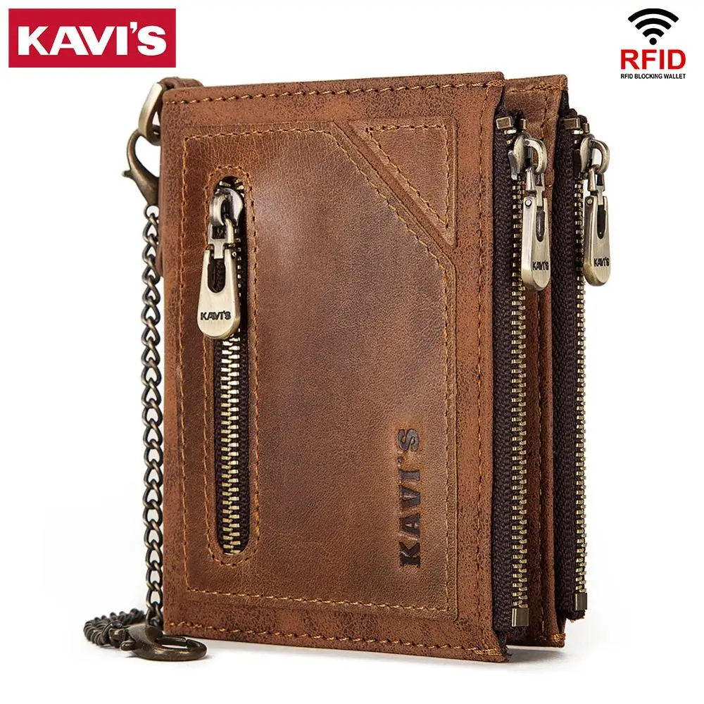 

KAVIS Rfid 100% Genuine Leather Wallet Men Portomonee PORTFOLIO Card Holder Small Male Money Bag Mini Coin Purse with Chain