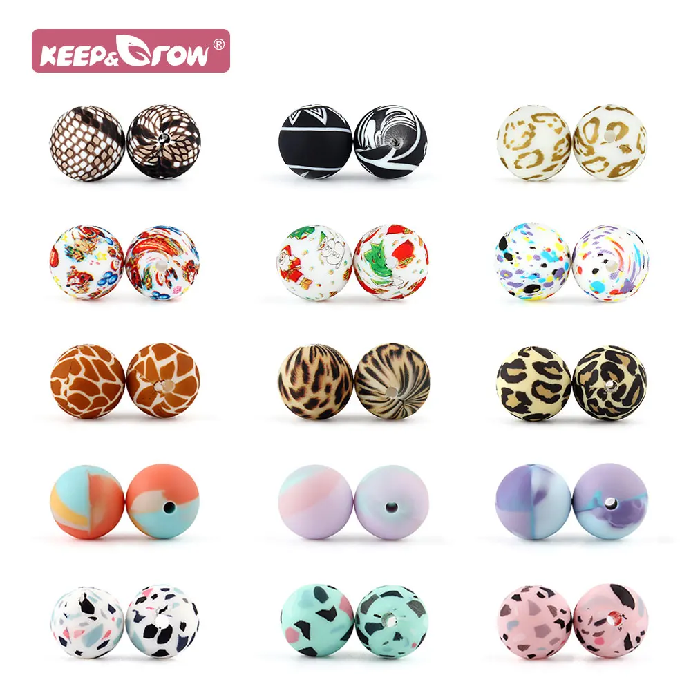 

Baby Beads 15mm Silicone Food Grade Leopard Terrazzo Christmas Print Teething Nursing Teether Beads for DIY Jewelry Necklace