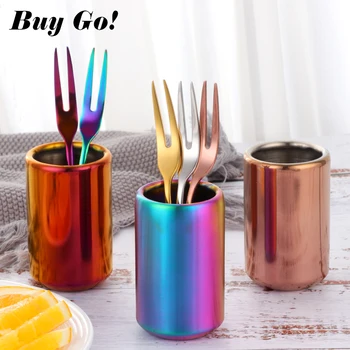 

8 Colors Stainless Steel Fruit Fork Storage Cup Dessert Snack Fork Tube Cup Kids Pen Holder Storage Cylinder Home Party Utensil