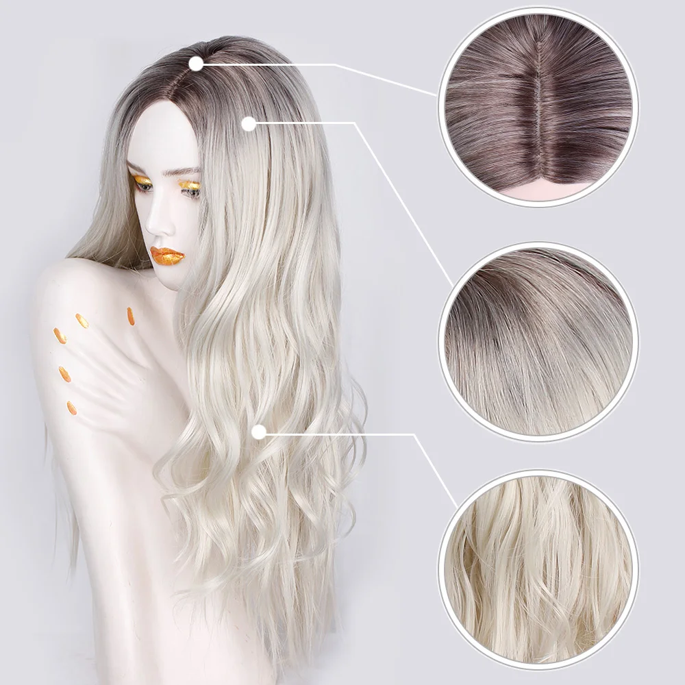

Ombre Platinum Synthetic Wigs For 28 inch Platinum Wig Long Wavy Women Daily Party Wigs Two Tone Natural Middle Part Wig