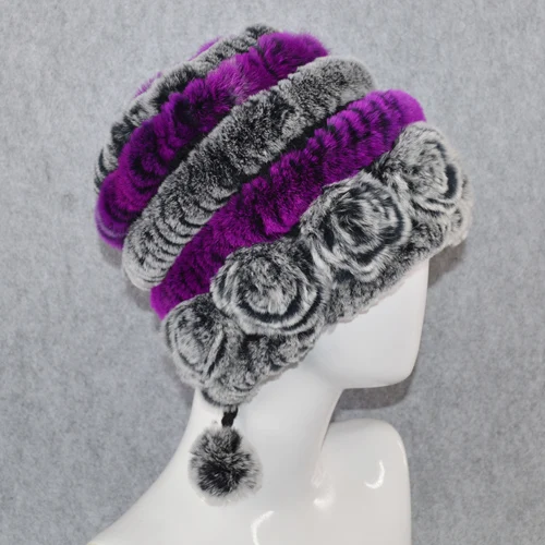 gray and purple Лидер продаж, зимние женские шапки с цветами в полоску, натуральный настоящий мех кролика, женские теплые вязаные шапки из натурального меха, меховые шапки для русской улицы - Цвет: gray and purple
