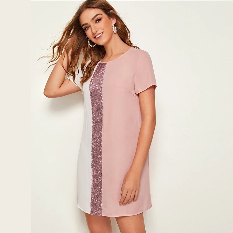 SHEIN, расшитое блестками, Colorblock(цветовой блок), туника короткое платье; Для женщин вырез на спине короткий рукав с круглым вырезом и шорты для женщин прямые свободные Повседневное платья