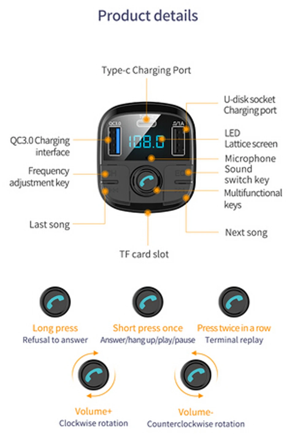 Bluetooth беспроводной громкой связи Автомобильный fm-передатчик MP3-плеер и QC3.0 Быстрая зарядка