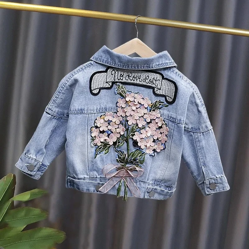 Spring Autumn Kids Denim Jackets for Girls Baby New Flower Embroidery Coats Fashion Children Outwear Ripped Jeans Jackets 1-5Y