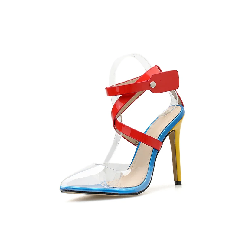 Kcenid New Transparent PVC pointed toe summer sandals women sexy high heels women's shoes multi color cross-strap rivets pumps